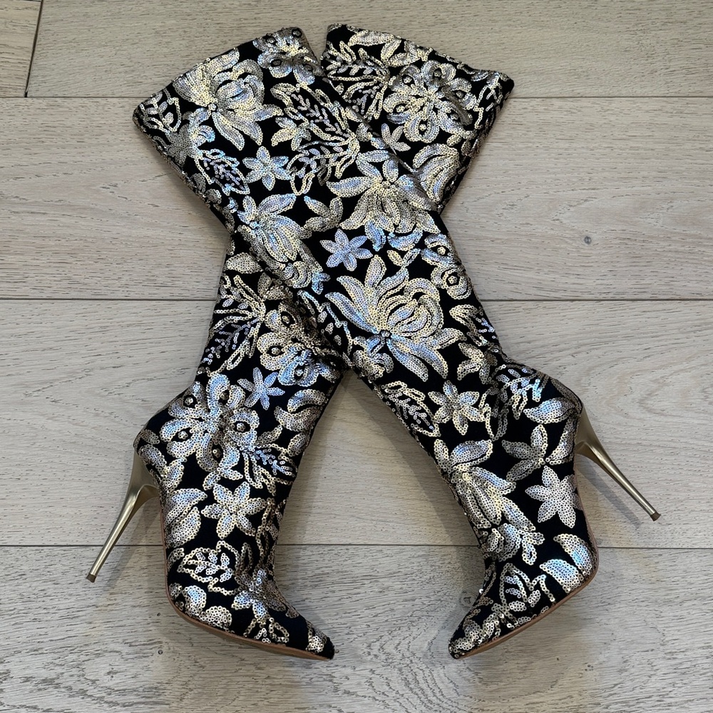 Shoe Republic LA Gold & Black Sequin Over-The-Knee Boots - Picture 2 of 11